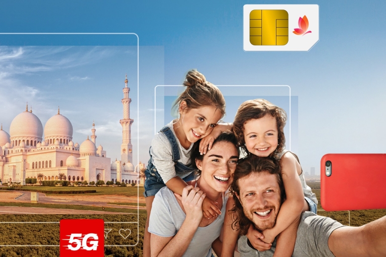 Lotnisko w Abu Dhabi: turystyczna karta SIM 5G/4G do transmisji danych i połączeń2 GB + 30 minut