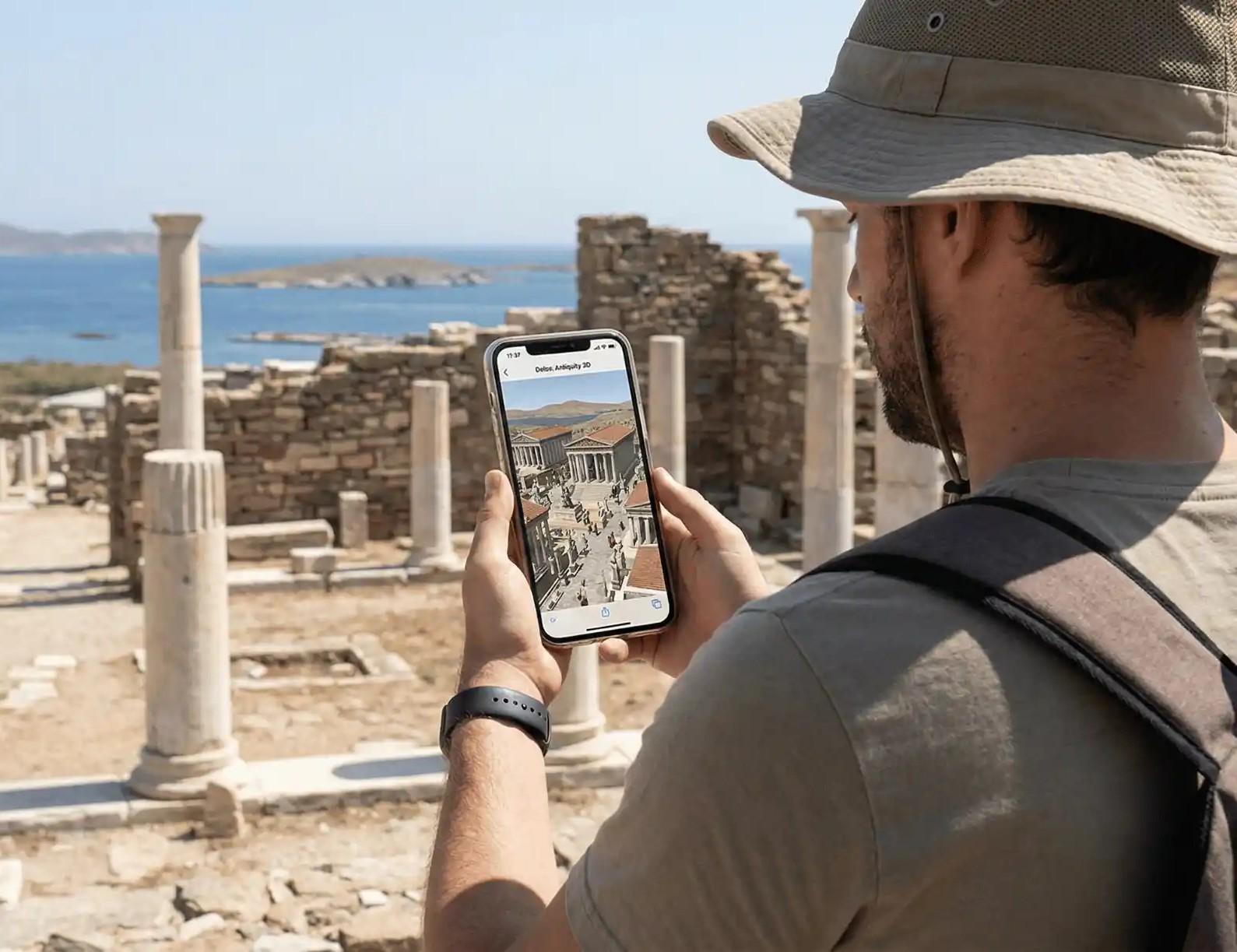 Mykonos: Sonnenuntergangsfahrt nach Rhenia, 3D-Selbstführung durch Delos, Mahlzeit