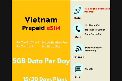越南：SIM卡和ESIM，每天5GB移动数据SIM卡30天- 5GB/天（送货）