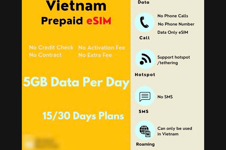 越南：SIM卡和ESIM，每天5GB移动数据SIM卡30天- 5GB/天（送货）