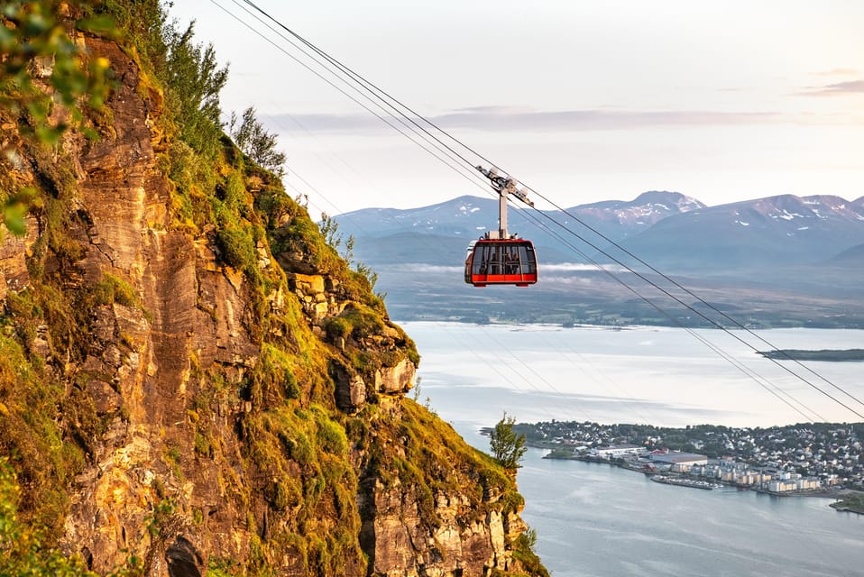 A red cable car gondola on its cable above a green cliff face, with a fjord and a town in the distance