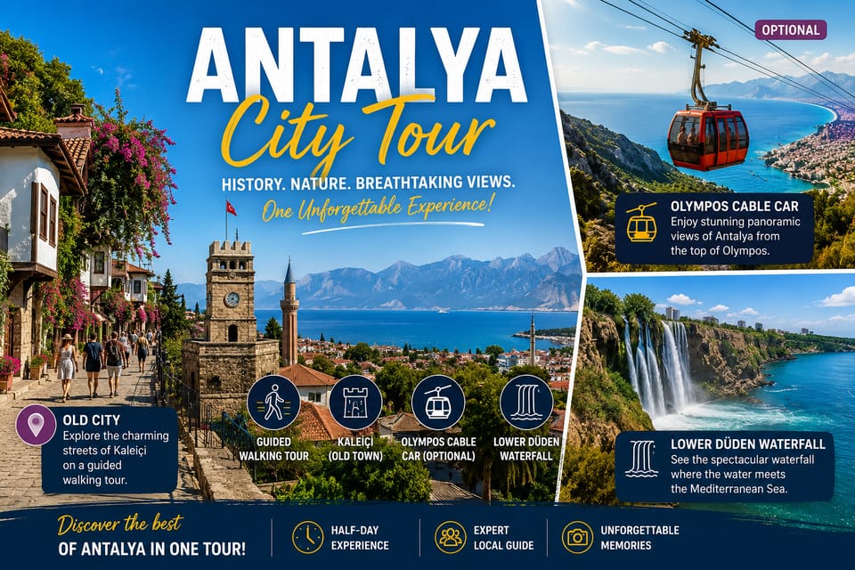 Poster-style collage for an Antalya city tour: a Kaleiçi lane with clock tower, a red cable car and the Lower Düden waterfall