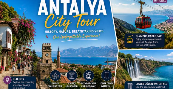 Poster-style collage for an Antalya city tour: a Kaleiçi lane with clock tower, a red cable car and the Lower Düden waterfall