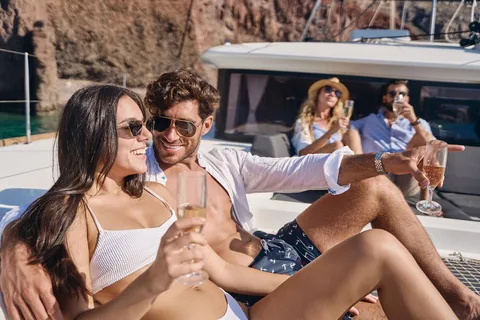 Santorini: Crucero de lujo en catamarán por las islas del sur con comida