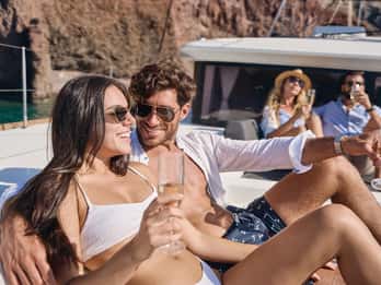 Santorini: Southern Island Luxury Catamaran Cruise with Meal
