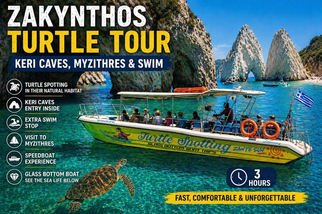 Zakynthos Speedboat Tour:Turtle Tour,Keri&Myzithres swim