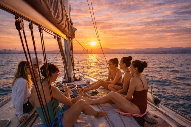 Barcelona: Segeltörn bei Sonnenuntergang mit Snacks und Cava