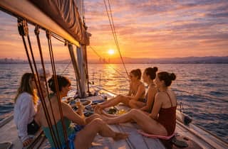 Barcelona: Sonnenuntergangs-Segeltour in einer Kleingruppe mit Cava & Snacks