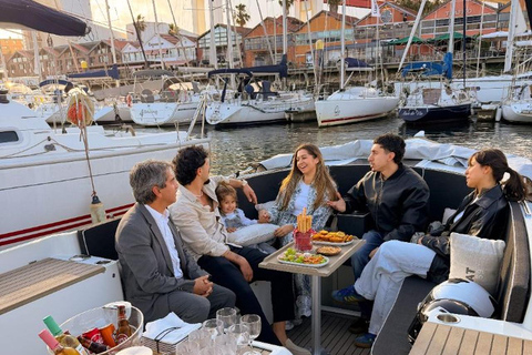 Lisbon Sunset Luxury Boat Vibes with Drinks & Pizza Lisbon Luxury Cozy Cruise with Drinks & Pizza