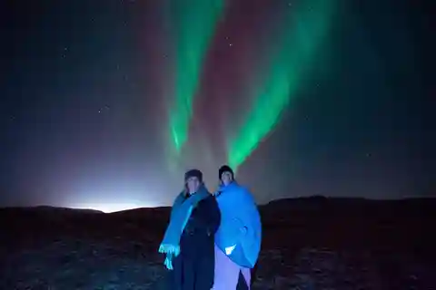 Norrsken, terrängbil, foton, varm kakao, bakverk