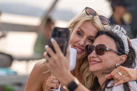 Ibiza: Formentera Sunset Boat Part with Drinks and Food Full Day Pass at Ibiza Boat Club (Early Bird Phase 2)