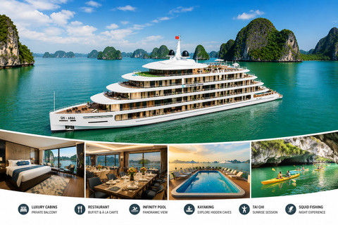 Ha Long Bay on A Luxury 6-star Cruise 2D1N and 3D2N HA LONG BAY 2D1N & PRIVATE CAR TRANSFER & PRIVATE TOUR GUIDE