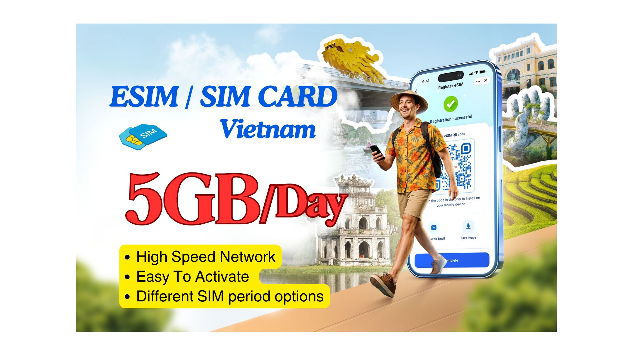 Vietnam: SIM CARD & ESIM With Mobile Data 5GB/Day