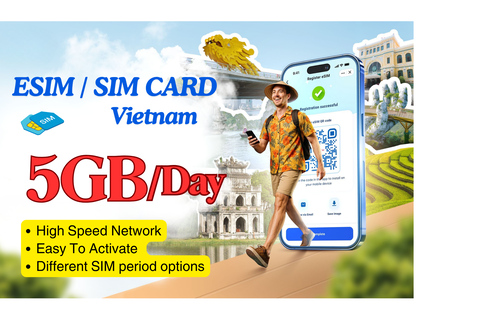 越南：SIM卡和ESIM，每天5GB移动数据SIM卡30天- 5GB/天（送货）