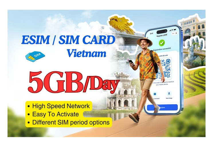 越南：SIM卡和ESIM，每天5GB移动数据SIM卡30天- 5GB/天（送货）