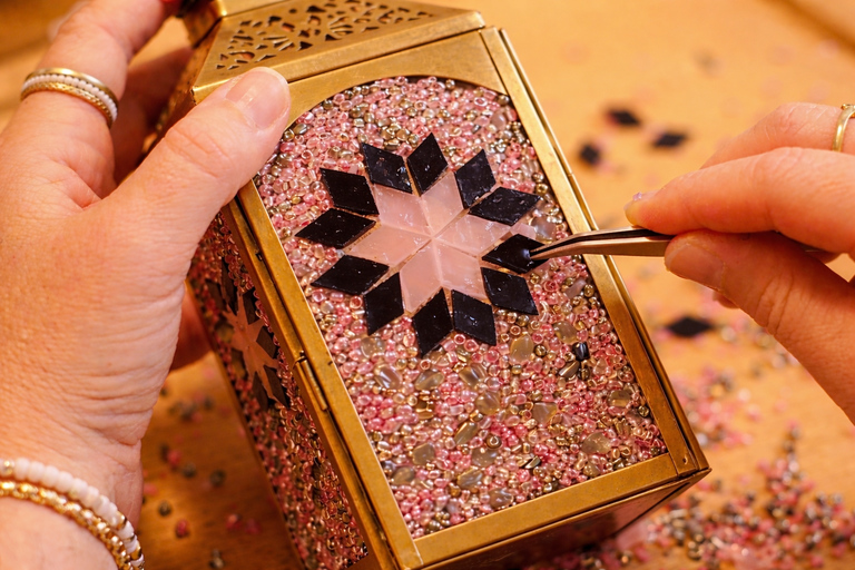Marrakech: Original Moroccan Mosaic Lamp Workshop & Snacks Start Pickup with Tuk Tuk – Mosaic Lamp Workshop