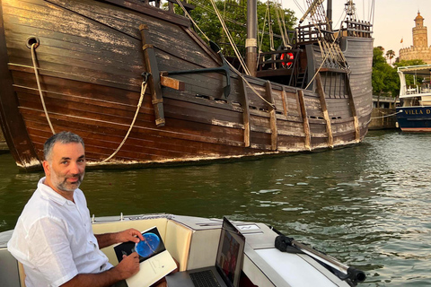 Seville from the Guadalquivir: Electric water taxi ride, TAXI SHIP. Bonifaz, father of the Spanish Navy, and the Battle of Guadalquivir.