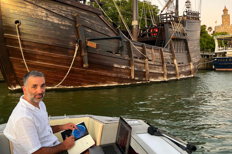 Seville from the Guadalquivir: Electric water taxi ride, TAXI SHIP. Bonifaz, father of the Spanish Navy, and the Battle of Guadalquivir.