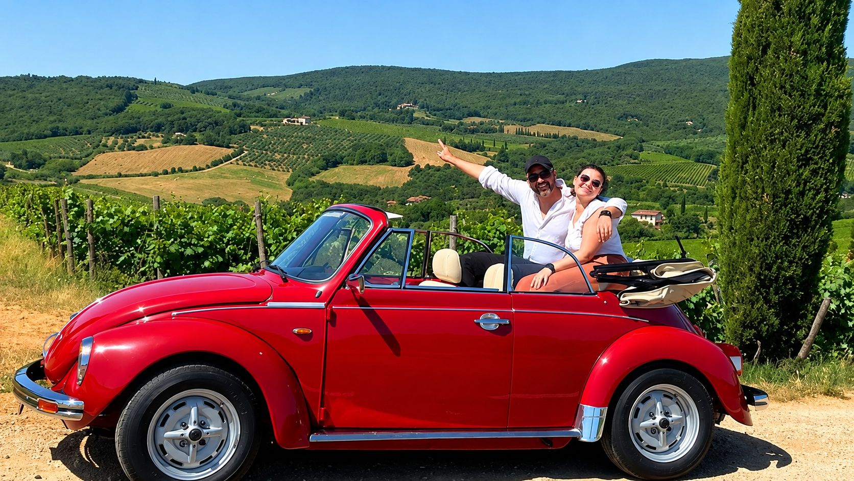 Originelle private Toskana-Tour mit einem Oldtimer-Käfer und Wein