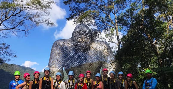 A group in helmets and climbing harnesses lined up in front of a large wire-mesh gorilla sculpture, forested hills behind them