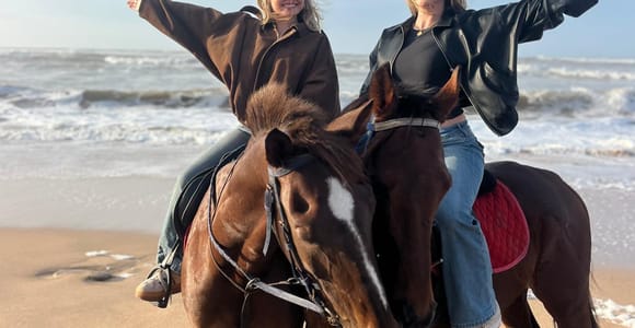 Two riders with their arms spread wide on brown horses at the water's edge, waves breaking behind them