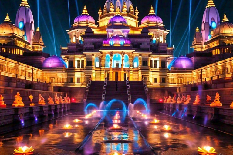 New Delhi: Akshardham-utställningen. Rundtur med vatten- och ljusshow