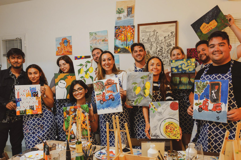 Aula de pintura com vinho fino e artes em RomaAula de pintura embriagada com vinhos finos e artes em Roma