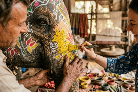 Jaipur Elephant Magic: Paint, Feed & Ride Tour with Pickup All Elephant Activity Riding, Feeding, Painting, Climbing