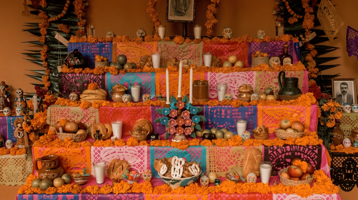 Tag der Toten - Altar und Töpferwaren aus rotem Ton