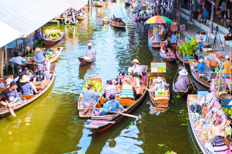 Bangkok: Visita al Mercado Flotante y del Tren de Damneon con paseo en barcoTour privado con guía y paseo en barco