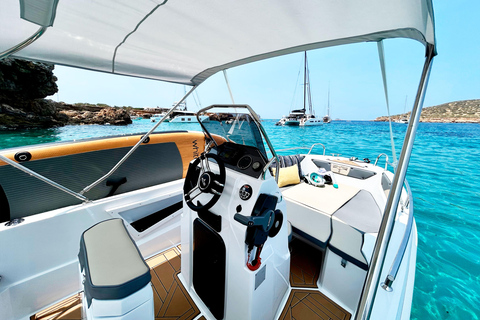 San Antonio: Tour Ibiza by boat. No license required, 6 people. Snorkeling and SUP