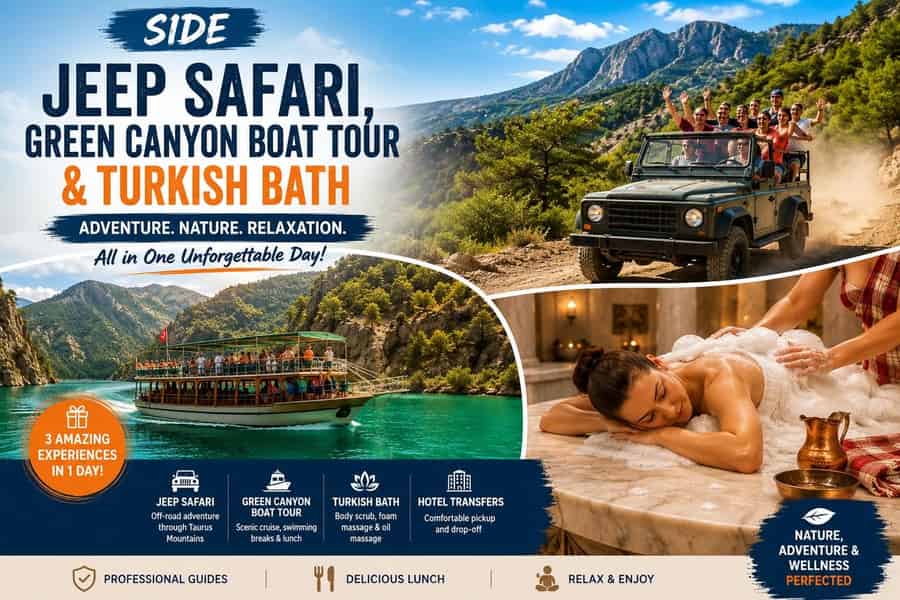 Side: Jeep-Safari, Green Canyon Bootstour & Türkisches Bad. Foto: GetYourGuide Side: Jeep-Safari, Green Canyon Bootstour & Türkisches Bad. Foto: GetYourGuide