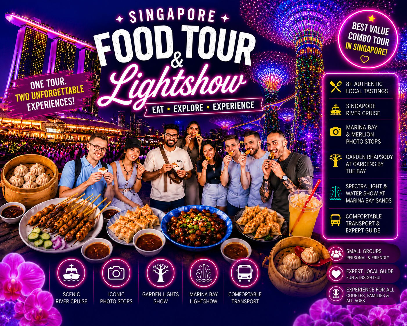 8 Stunden: Foodtour mit 10+ Verkostungen, 40-minütige Bootsfahrt & 2 Lichtshows