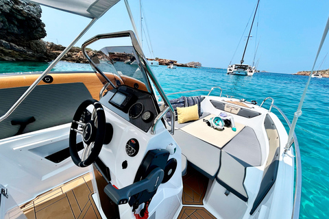 San Antonio: Tour Ibiza by boat. No license required, 6 people. Snorkeling and SUP