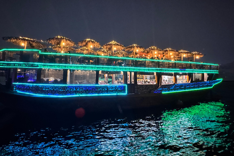 迪拜河阿拉伯独桅帆船巡游、小型游艇码头表演、自助餐和饮料选项迪拜河游船+晚餐+现场舞蹈表演（不含接送服务）