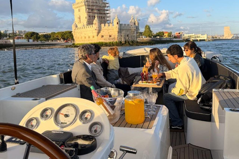 Lisbon Sunset Luxury Boat Vibes with Drinks & Pizza Lisbon Luxury Cozy Cruise with Drinks & Pizza