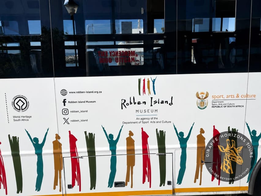 Bus decorated with the Robben Island Museum logo and colourful figures