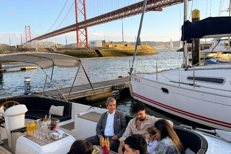 Lisbon Sunset Luxury Boat Vibes with Drinks & Pizza Lisbon Luxury Cozy Cruise with Drinks & Pizza