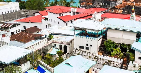 View across Stone Town's flat roofs and rooftop terraces, whitewashed walls and rusted iron, the sea beyond