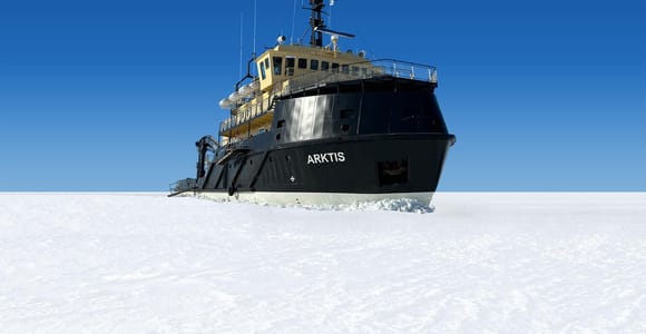 A red-hulled icebreaker ship seen across a flat white expanse of sea ice under a pale winter sky