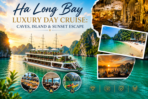 Ha Long Bay Luxury Day Cruise: Caves, Island & Sunset Escape Private Tour Guide & Shared Car Transfer & Shared Cruise