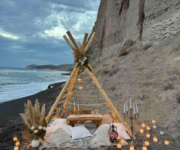 Santorini: Vlychada Beach Boho Proposal with Wooden Tent