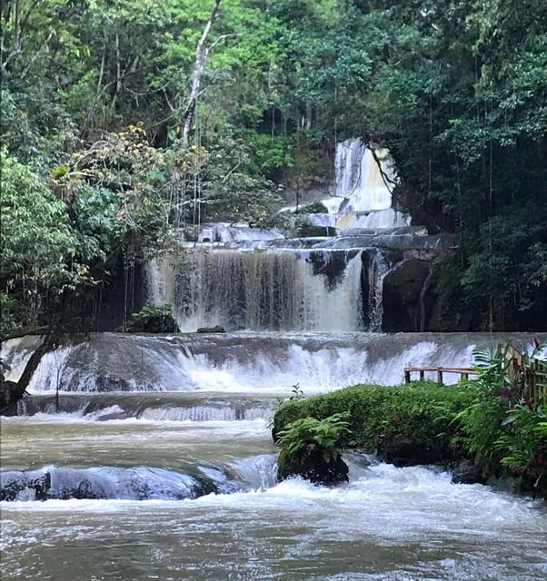 A wide waterfall dropping over several broad limestone ledges into a fast green river, thick rainforest and a small wooden railing on the bank