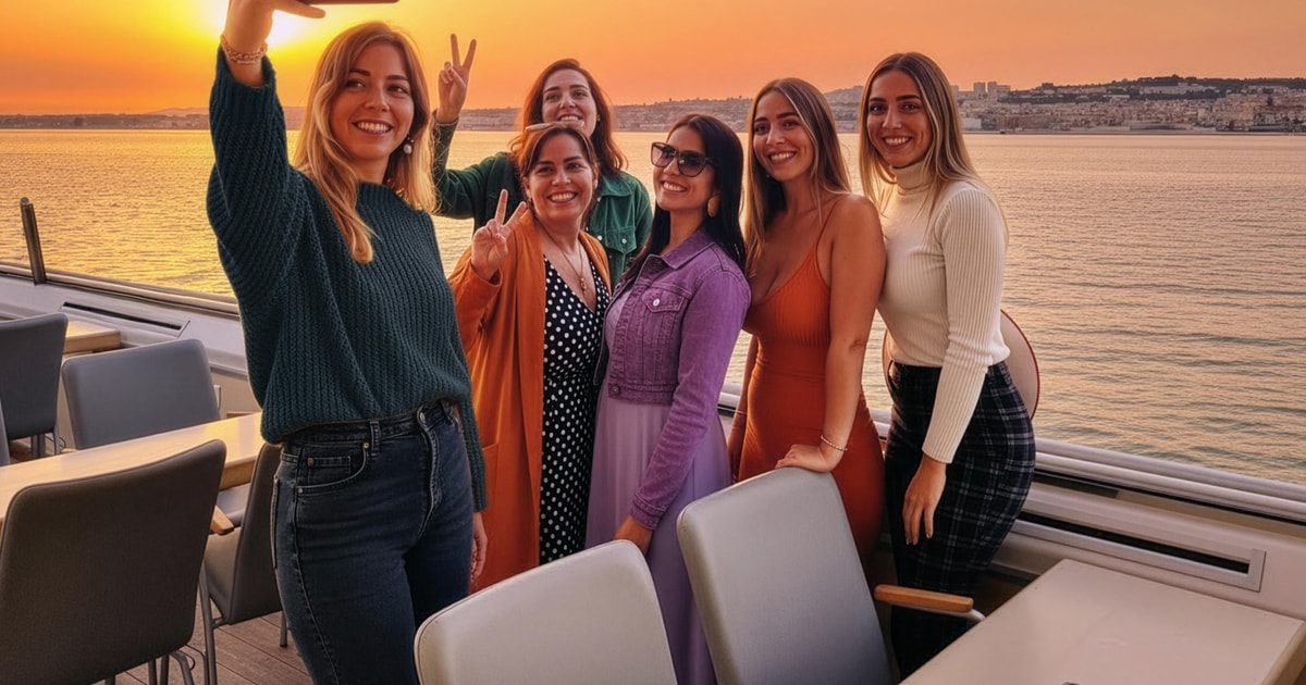 Panoramic passenger boat travelling along the Lisbon riverfront at sunset