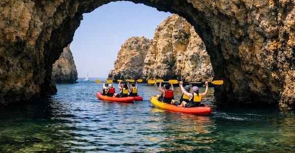 Excursión familiar en barco y kayak por Ponta da Piedade