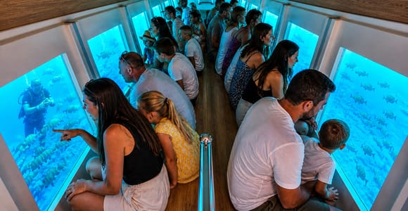 Adults and children sit along large windows in a submarine's underwater cabin, watching schools of fish and a diver outside