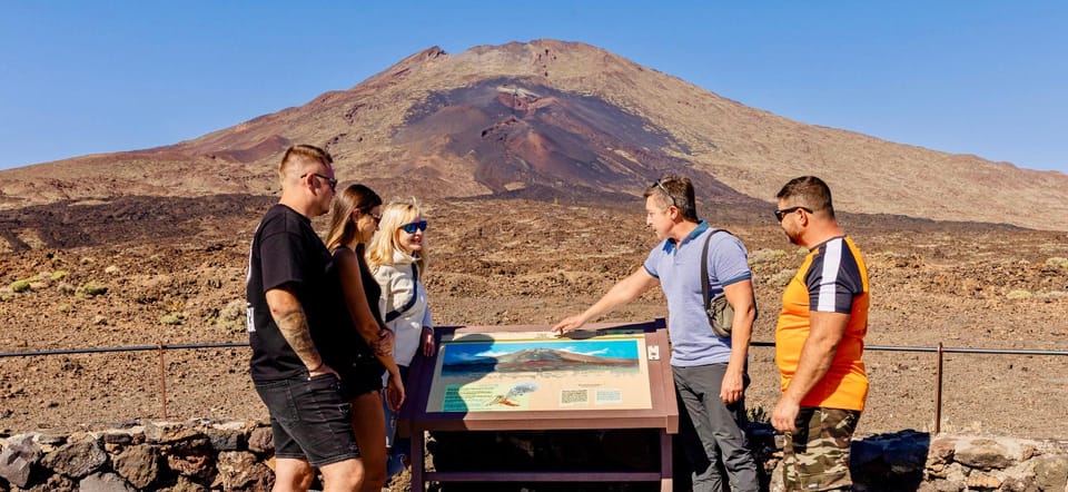 A guide explaining a landscape panel with Teide behind the group