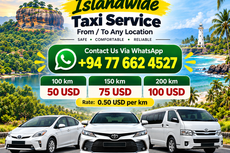 Sri Lanka Most Affordable Taxi Service – USD 0.5 per km 1 km Private Taxi Package – Additional Distance USD 0.50/km