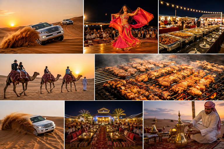 From dubai:Lahbab desert dinner combo tour with guide 5 Star dinner in dessert without dune bashing shared tour