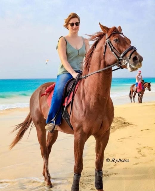 A rider on a chestnut horse on wet sand at the water's edge, turquoise sea and a second rider behind